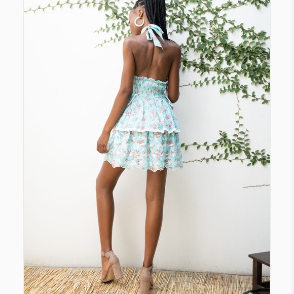NWT Gipsy Queen Baroc Paris Floral Ruffle Tiered Halter Mini Dress Turquoise M - Picture 2 of 14